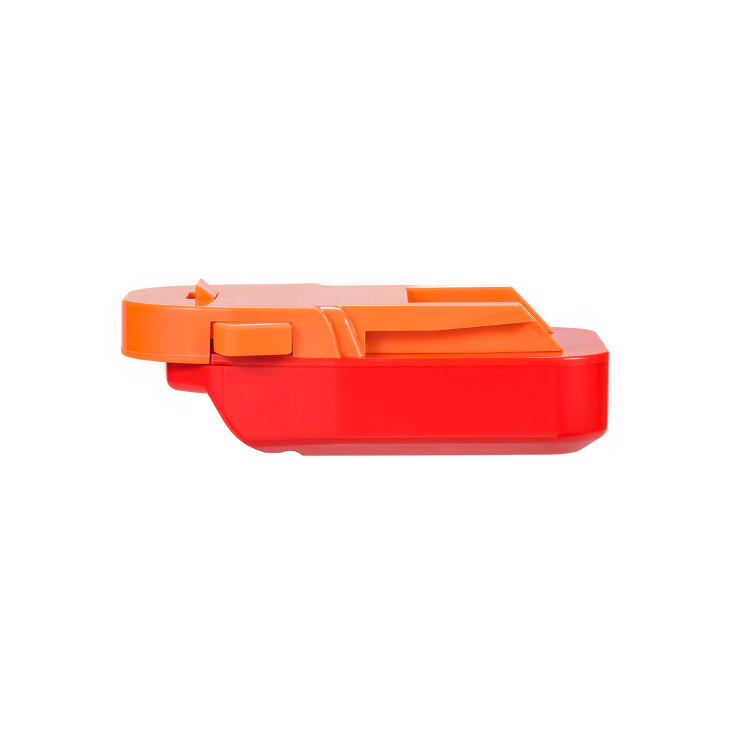 Stanley V20 to RIDGID 18V battery adapter - side view showing both connections, tool-side rail above the battery-side body