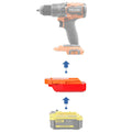 Stanley V20 to RIDGID 18V battery adapter - compatibility diagram showing battery, adapter and drill
