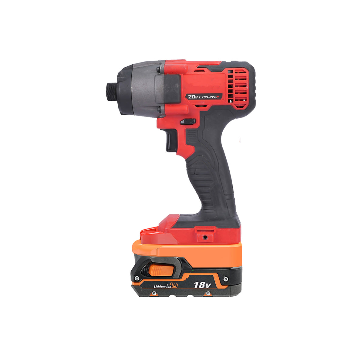 AEG 18V to Bauer 20V battery adapter - installed on an impact driver with the battery fitted below
