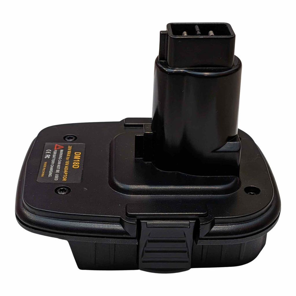 Bauer 20V to DeWalt 18V Ni-Cd battery adapter - front angle, tool-side post with socket pins and the ribbed release button