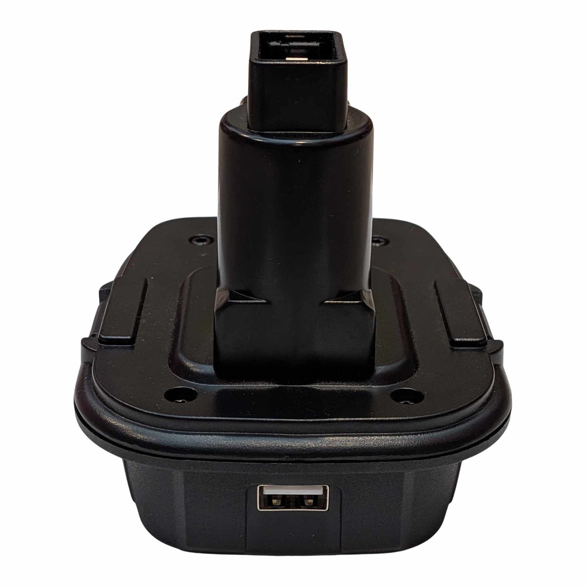 Bauer 20V to DeWalt 18V Ni-Cd battery adapter - rear view, tool-side post above the USB-A port set into the base
