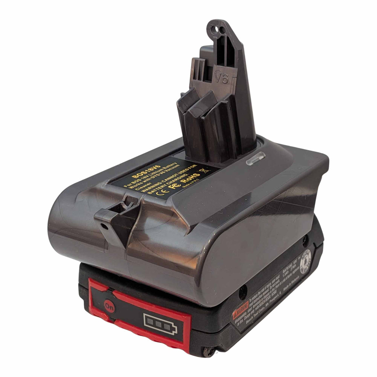Bosch 18V GBA (Blue) to Dyson V6 battery adapter: Battery on Adapter, Right