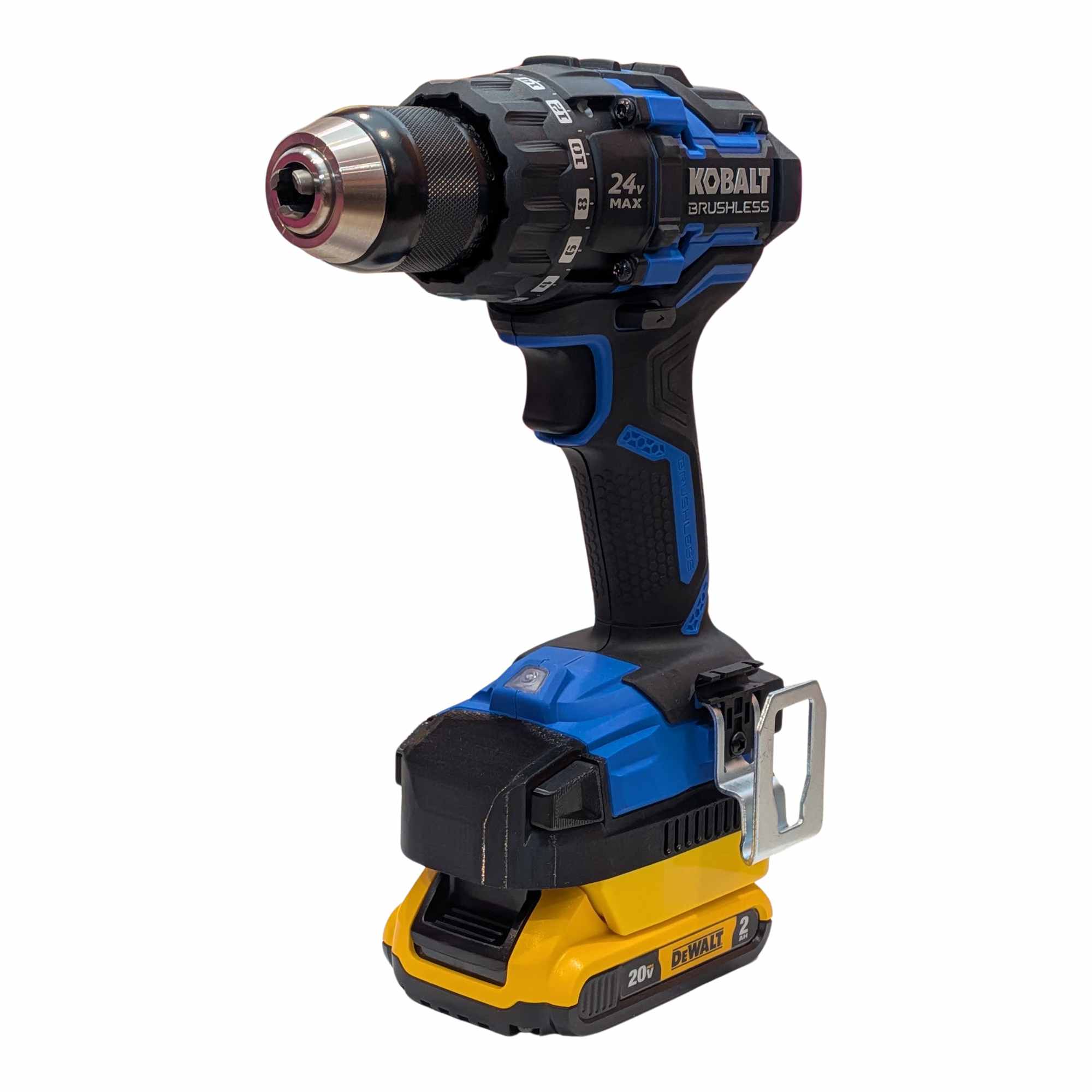 DeWalt 20V MAX to Kobalt 24V battery adapter - installed on a Kobalt drill with the battery fitted below