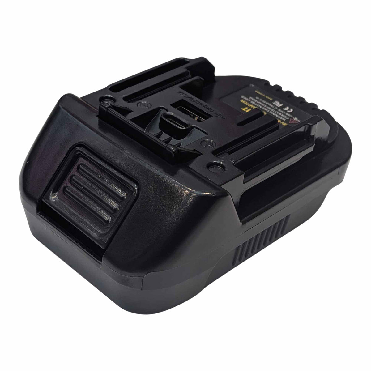 Einhell 18V PXC to RIDGID Plumbing battery adapter - angled top view of the tool-side connection with rails and terminal