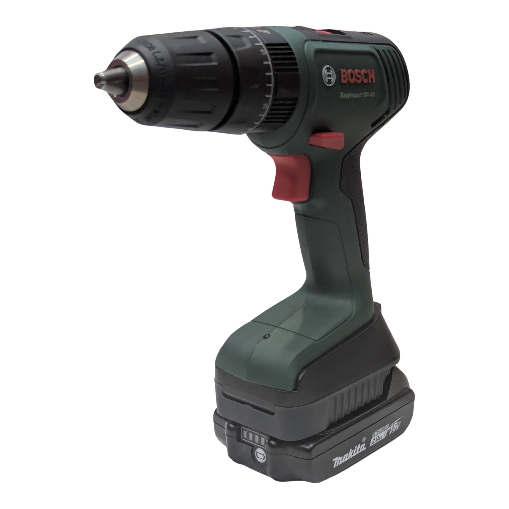 Makita 18V LXT to Bosch 18V PBA (Green) battery adapter - installed on a cordless drill with the battery fitted below