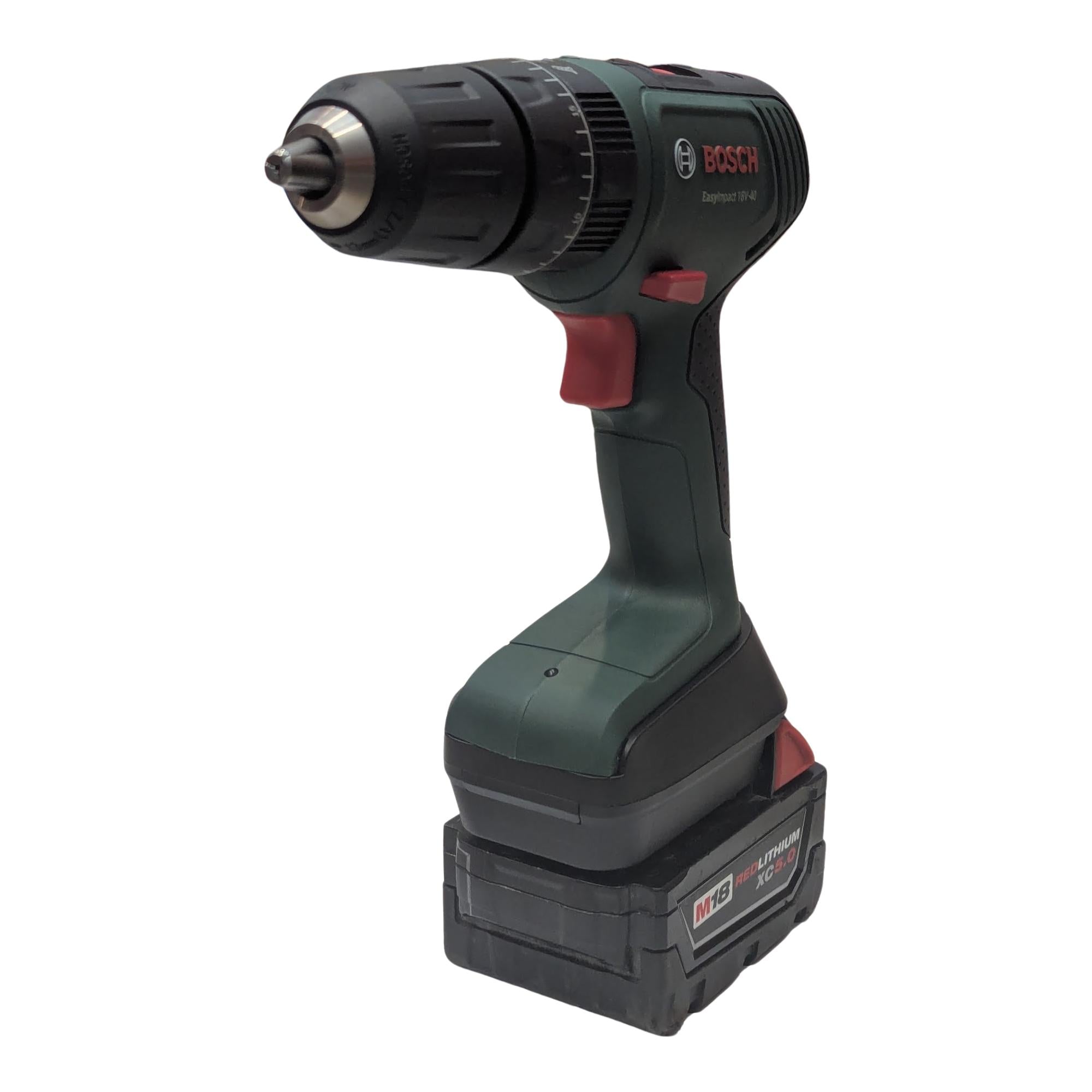 Milwaukee M18 to Bosch 18V PBA (Green) battery adapter - installed on a drill driver above the battery