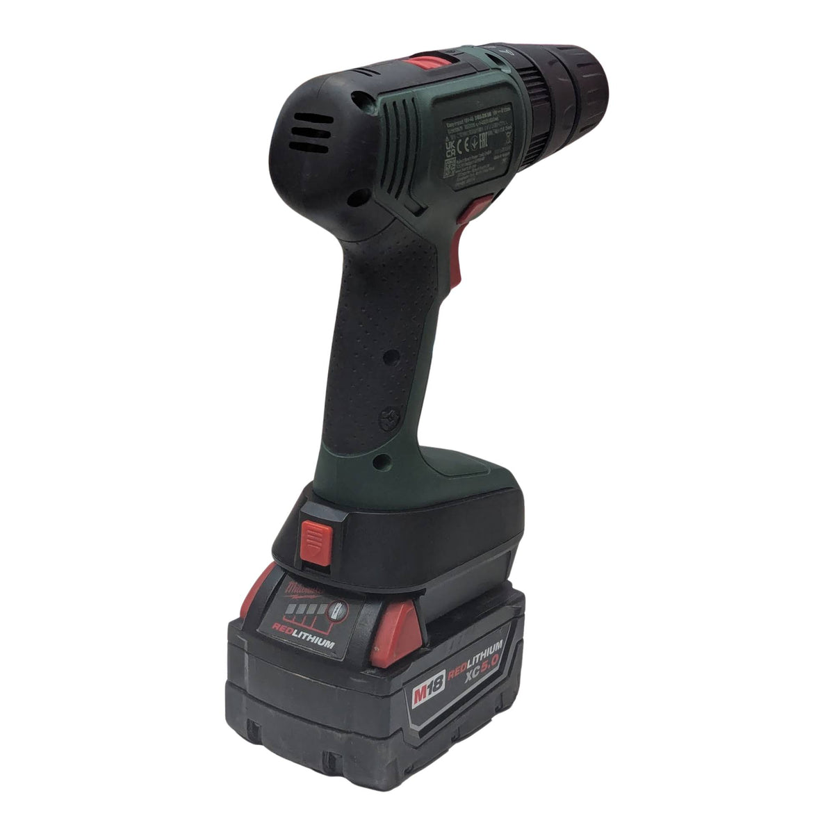 Milwaukee M18 to Bosch 18V PBA (Green) battery adapter - installed on a drill driver above the battery