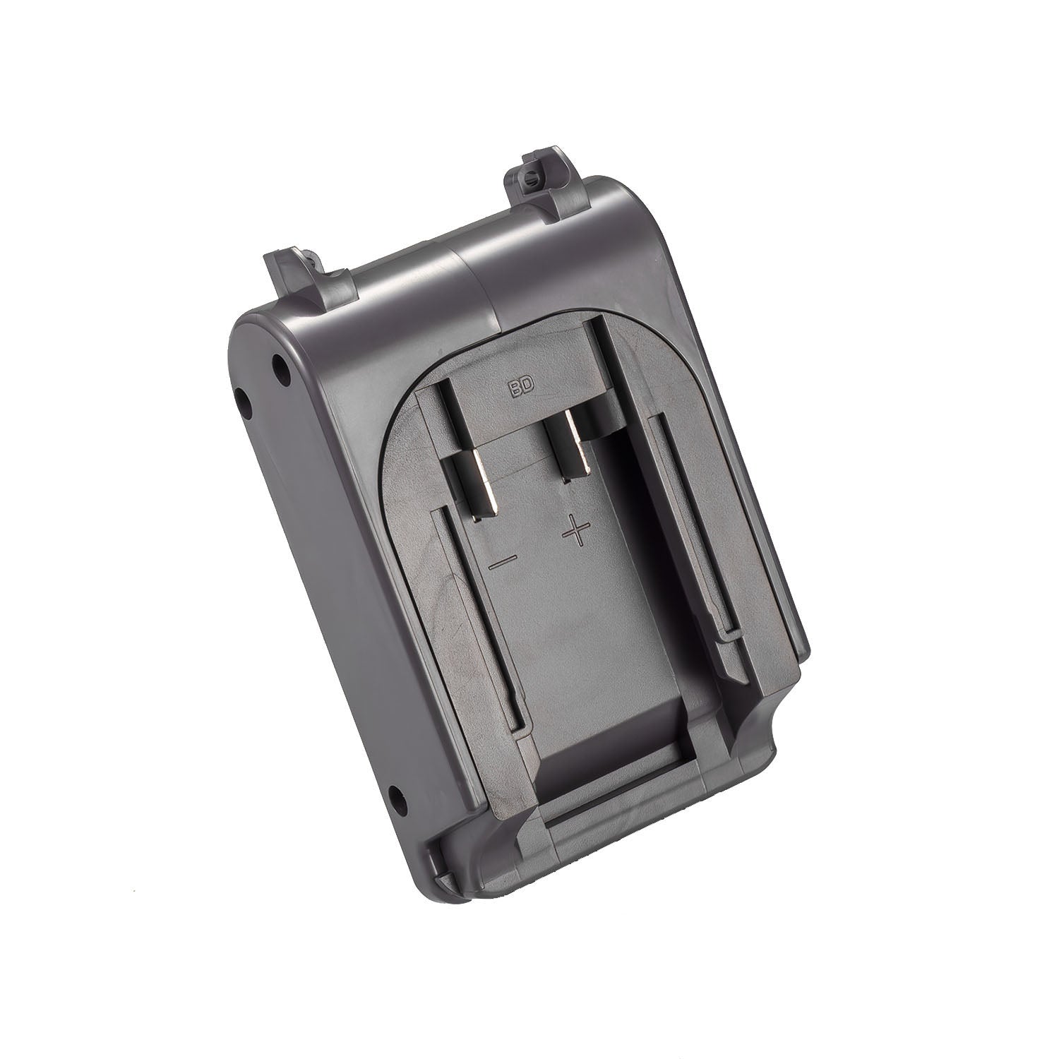 Porter Cable 20V to Dyson V6 battery adapter - battery-side connection, twin copper blades and molded polarity marks
