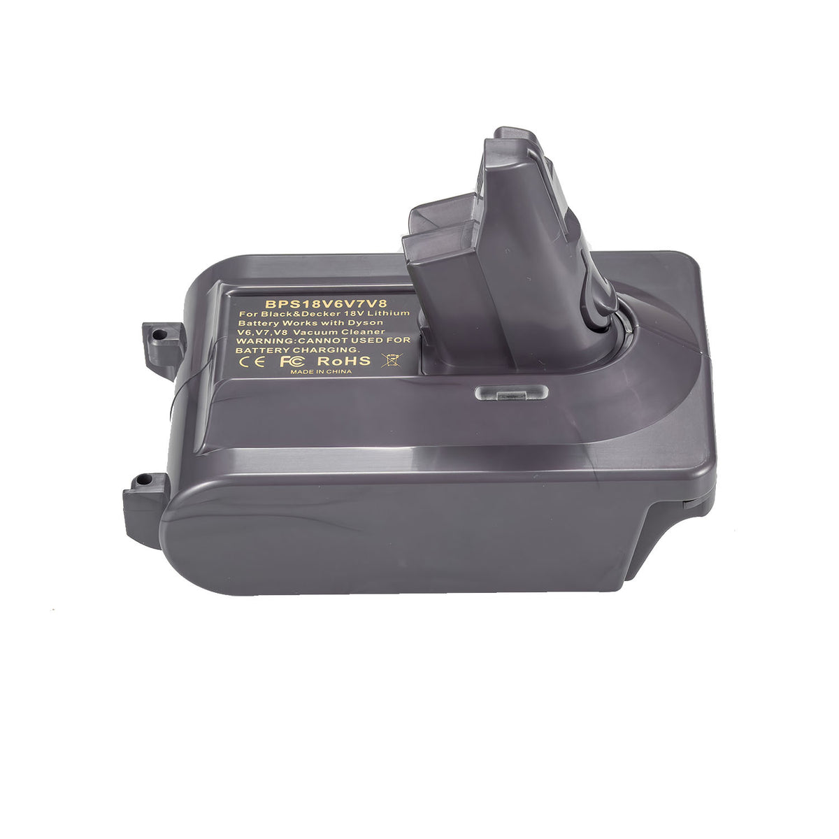 Porter Cable 20V to Dyson V8 battery adapter - side view with the Dyson tool-side stem upright and the warning label in full