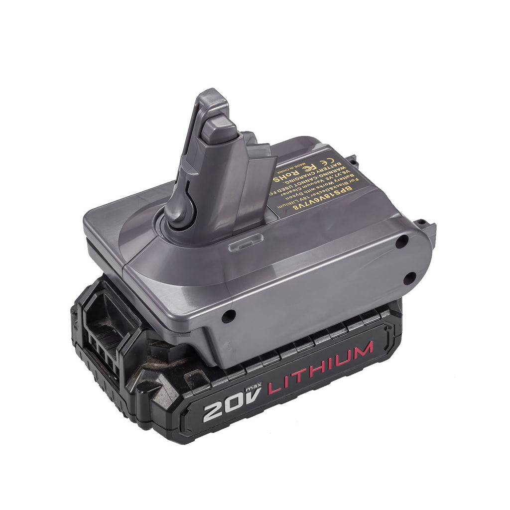 Porter Cable 20V to Dyson V8 battery adapter - fitted to the Porter Cable 20V battery, Dyson tool-side stem upward
