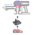 Porter Cable 20V to Dyson V8 battery adapter - compatibility diagram showing battery, adapter and cordless stick vacuum