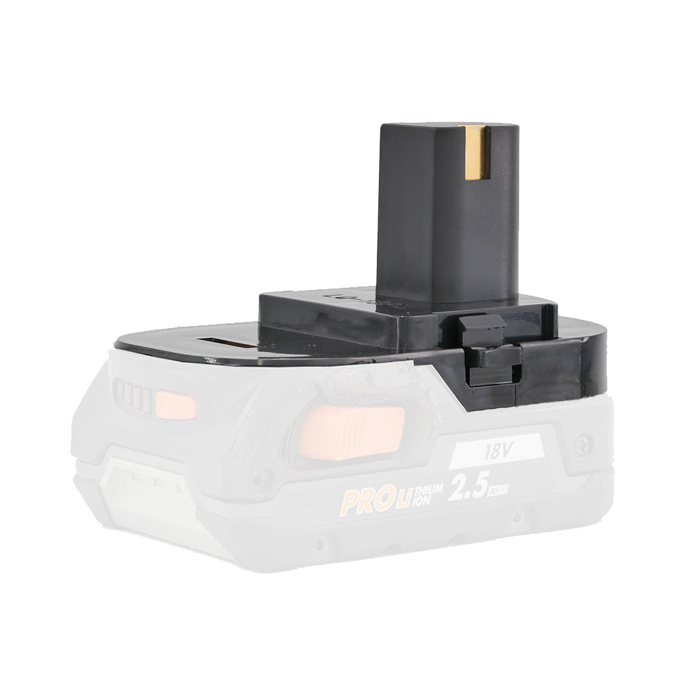 AEG 18V to Ryobi 18V ONE+ battery adapter - Ryobi tool-side post upward, fitted to a faded battery pack