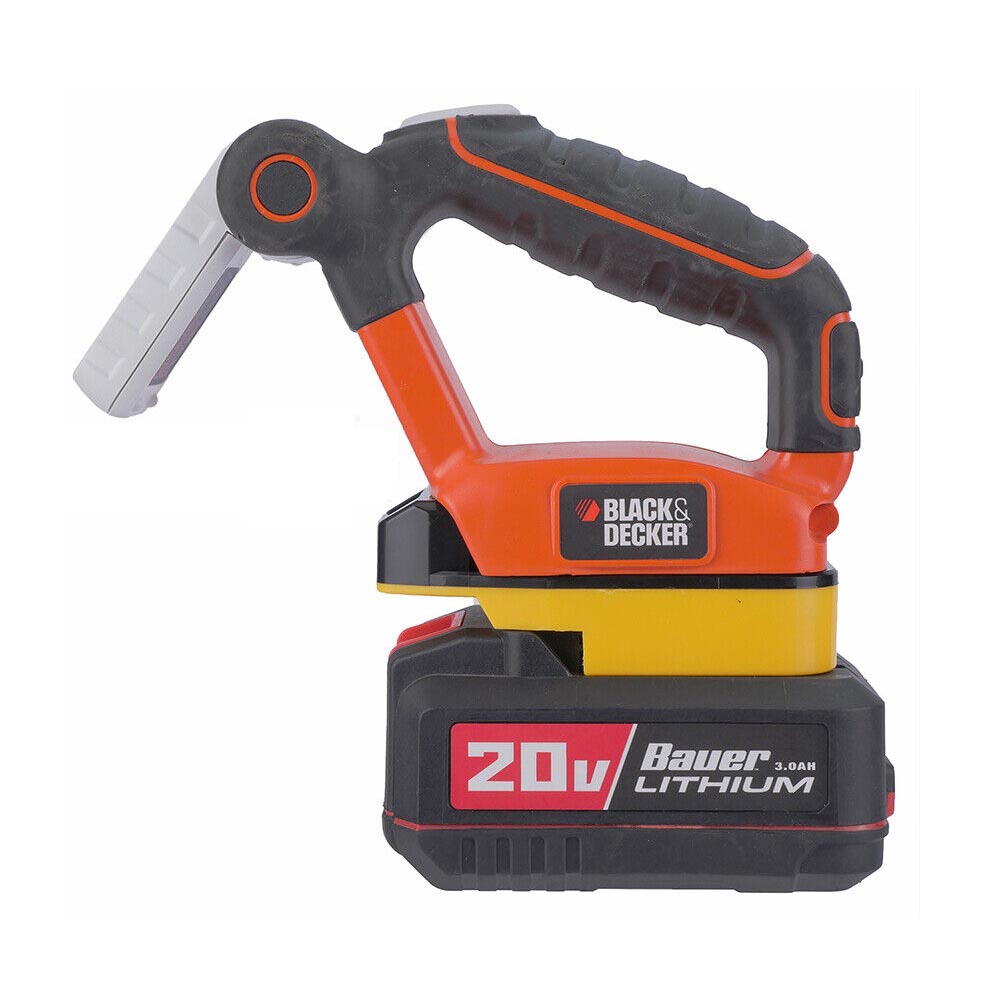 Bauer 20V to Black and Decker 20V battery adapter - installed on a cordless work light with the battery fitted below
