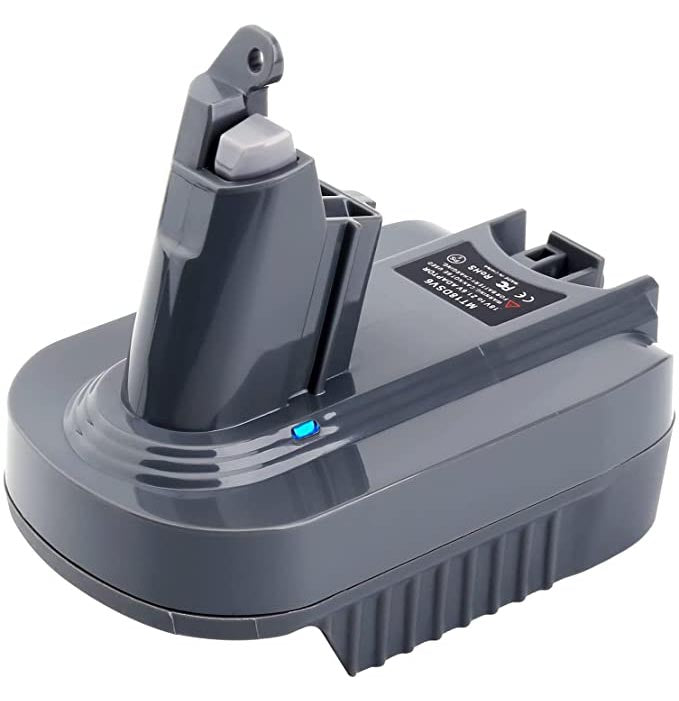 DeWalt 20V MAX to Dyson V6 battery adapter - Dyson tool-side stem with its latch above the body, lit indicator light