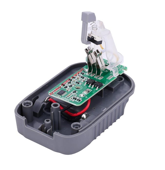 DeWalt 20V MAX to Dyson V6 battery adapter - cutaway of the open shell showing the circuit board, wiring and contacts