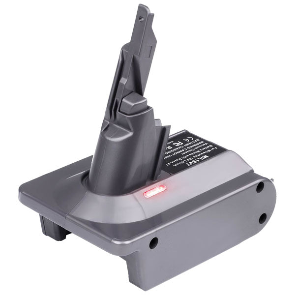 DeWalt 20V MAX to Dyson V7 battery adapter - Dyson tool-side stem with its latch above the body, lit indicator light