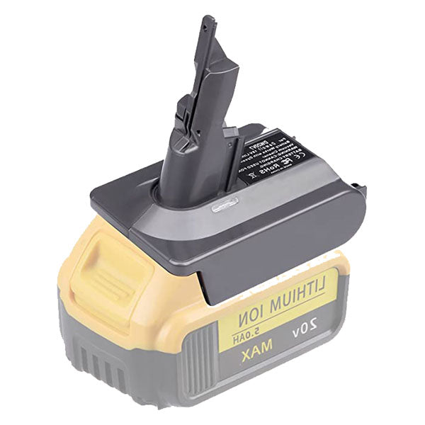 DeWalt 20V MAX to Dyson V7 battery adapter - fitted to the DeWalt 20V MAX battery, tool-side post upward