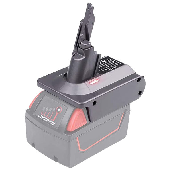 Milwaukee M18 to Dyson V7 battery adapter - fitted to the Milwaukee M18 battery, tool-side post upward, indicator lit